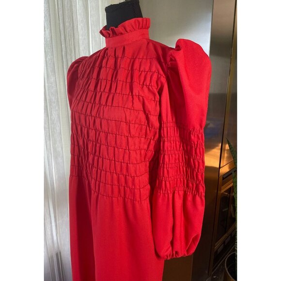 Vintage 70s red dress, smocked bodice with long sleeves, ankle length, 10/12 (L) - Picture 4 of 8